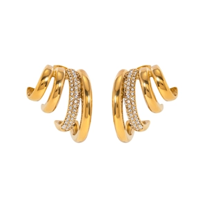 Four-layer C-shaped 18k gold-plated stainless steel earrings with sparkling white rhinestones