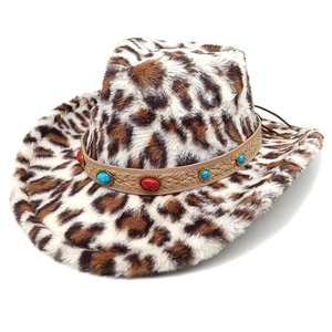 Leopard print faux fur cowboy hat with turquoise and ruby stone beaded leather band