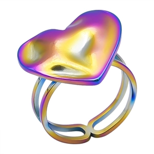 Macro detail of heart-shaped ring with rainbow gradient plating and adjustable open band