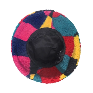 Colorful patchwork faux fur bucket hat with warm fleece texture and soft lining