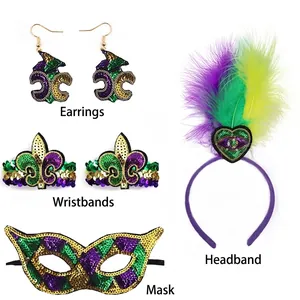 Mardi Gras party costume set with sequin feather headband mask earrings and bracelets