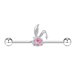 Detailed view of a silver industrial barbell featuring a pink heart rabbit design