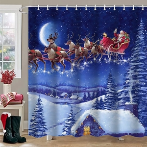 Detail of Christmas shower curtain with Santa and reindeer over a snowy village