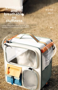 Close-up of portable cat backpack featuring breathable mesh and multi-functional pockets