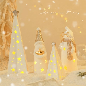 Luminous ceramic Christmas snowman and Santa Claus tabletop decor set with warm LED lights