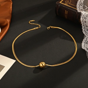 Double-layered gold-plated titanium steel necklace with sphere pendant on snake chain