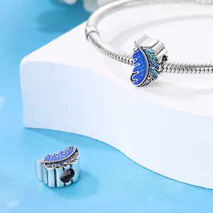 Blue feather enamel pendant bead on silver snake chain bracelet for DIY jewelry styling