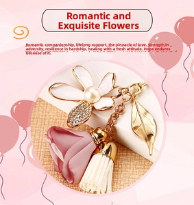 Detail of floral keychain with white enamel flower, pearl, rhinestone and silk tassel