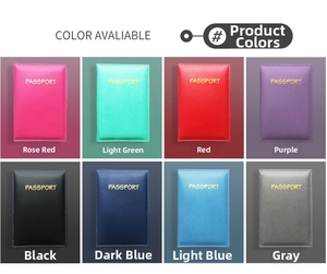 Grid display of slim PU leather passport covers in eight colors with gold embossed text