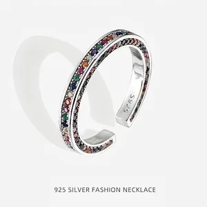 925 Sterling Silver Rainbow Zirconia Open Ring For Women Adjustable Niche Luxury Fashion Jewelry Minimalist Multicolor Finger Ring Gift