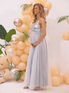 Robe de maternité à paillettes argentées et jupe en tulle gris pour baby shower