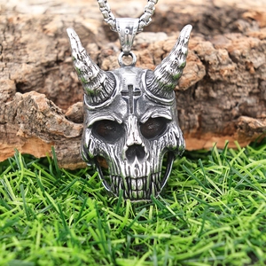 Punk geit schedel hanger ketting van vintage zilver roestvrij staal met kruis gravering