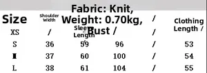 Size chart for faux fur collar knit jacket detailing shoulder bust and length measurements