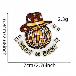 Cowboy hat and disco ball embroidery patch with West Is Best text on white background