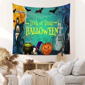 Detail of Halloween tapestry with grim reaper and pumpkin on bedroom wall decor