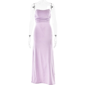 Detail of lavender strapless maxi dress featuring elegant pleated waist and slim fit