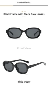 Front and 45-degree side views of black oval frame sunglasses with dark grey lenses