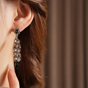 Close-up of model wearing long tassel earrings with multi-faceted crystal drops