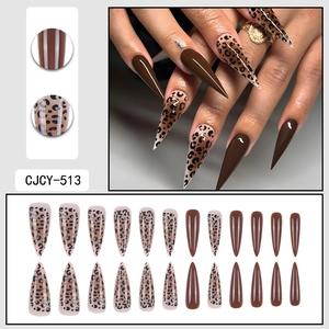 Long stiletto press-on nails with leopard print and dark brown glossy finish