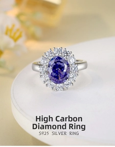 Macro shot of large oval purple gemstone ring with white diamond halo on S925 silver band