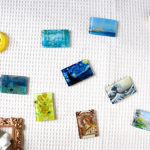 Acrylic art fridge magnets featuring Van Gogh and Monet masterpieces on waffle fabric