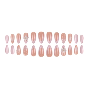 Almond press-on nails set with 3D floral relief, pearls and French tip design in pink
