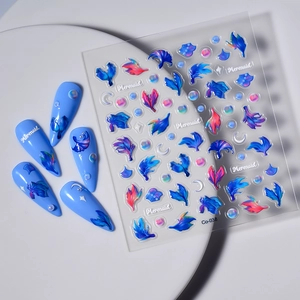 3D mermaid tail nail stickers set showing blue gradient ocean patterns with pearl accents