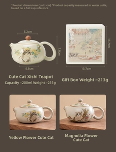 Macro detail of Ru kiln Xishi teapot with cat illustration and packaging dimensions