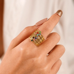 Minimalist Stainless Steel Birthstone Ring Colorful Round Zirconia Geometric Stackable Jewelry For Women