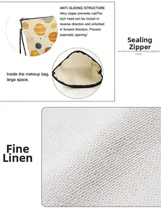 Macro view of solar planet cosmetic bag showing linen fabric and anti-slip alloy zipper