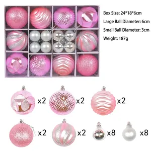 Pink and silver 6cm plastic Christmas ball set with textured glitter and matte finish