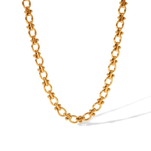 Close-up of 18K gold plated stainless steel necklace with round bead bar link design