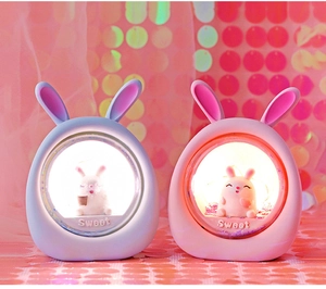 Pink and blue bunny night lights with Sweet text on base and glowing warm LED light
