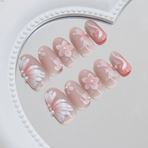 3D lily and pearl gradient press-on nails with floral motifs and crystal accents