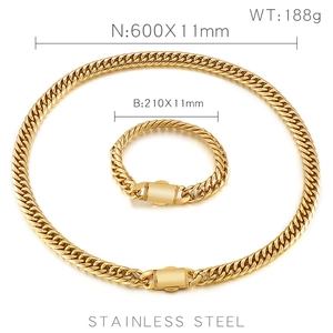 Macro view of gold stainless steel Cuban chain set with detailed size and weight specs