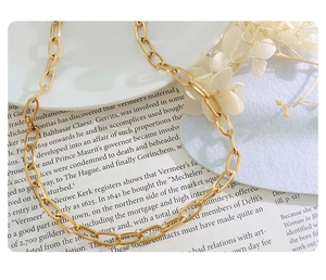 Detailed macro view of 18K gold-plated paperclip link necklace with a matte brushed finish