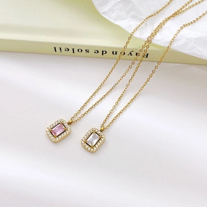 Square zircon pendant necklaces in pink and clear stones on gold chains