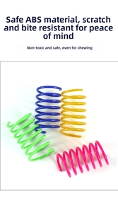 Detailed view of durable ABS plastic spring cat toys in green, blue, yellow, and pink colors
