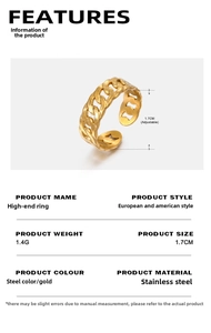 Detailed size and material chart for adjustable chain rings in gold and steel finishes