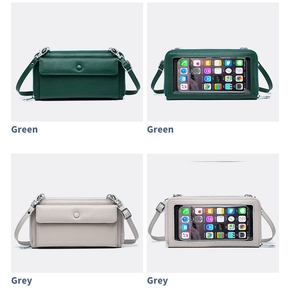 Front and back views of green and grey touchscreen crossbody phone bags with leather texture