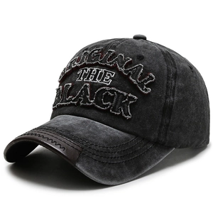 Vintage washed dark grey baseball cap with embroidery and leather visor accent