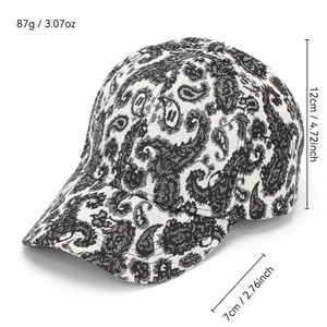 Paisley pattern baseball cap with dimensions: 7cm brim, 12cm height, and 87g weight