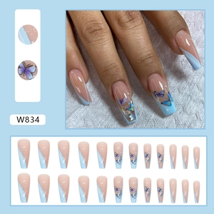 Long ballerina press-on nails set with blue butterfly designs and French tips W834