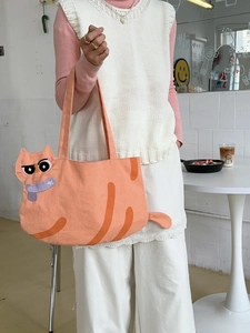 Cute orange cartoon cat shaped canvas tote bag with funny embroidery and big ears