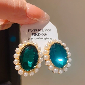 Vintage gold flower earrings with green oval gemstone and white pearls on 925 silver studs