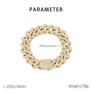 Detail view of gold iced out cuban link bracelet with rhinestones and 230x18mm size specs