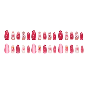 Pink gradient press-on nails set featuring floral patterns and white lace textures