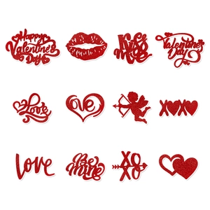 Set of 12 red glitter Valentine's Day cupcake toppers with Love and XOXO designs