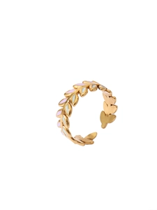 Detail of 18k gold plated open ring featuring colorful enamel leaf patterns