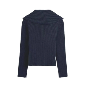 Navy blue ribbed knit sweater featuring an asymmetrical zip collar and wide lapel back view